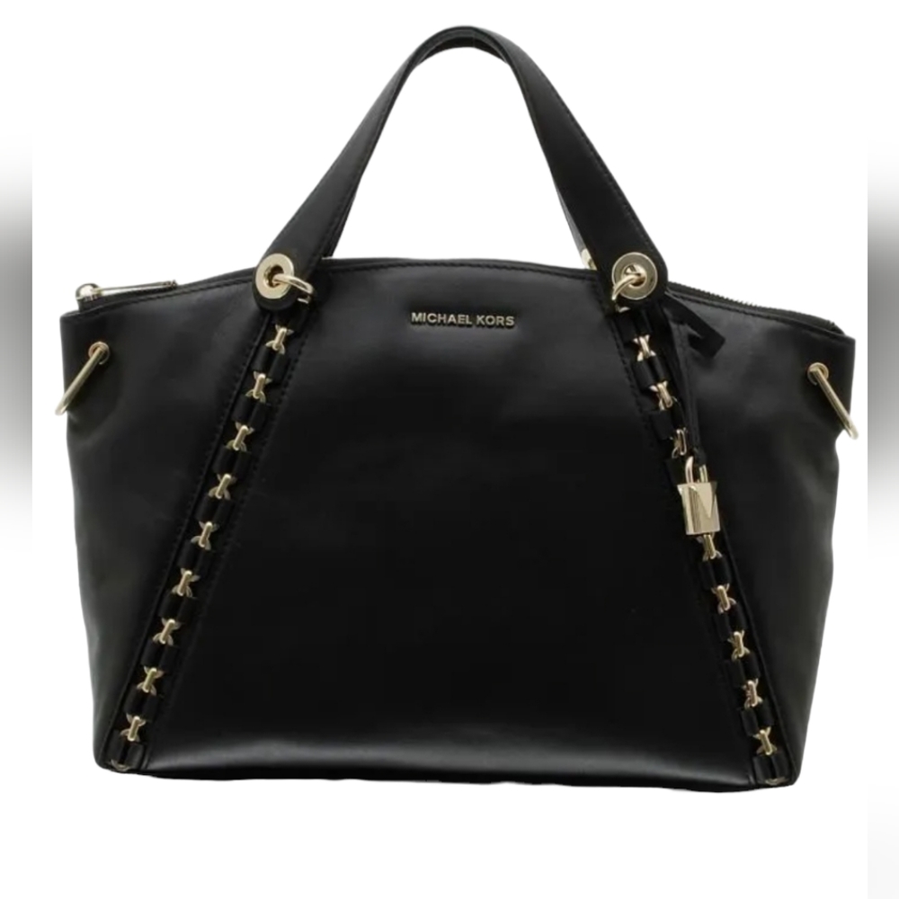 MICHAEL KORS Sadie Leather Satchel Black Leather Chain‎ Lock Crossbody Purse Bag